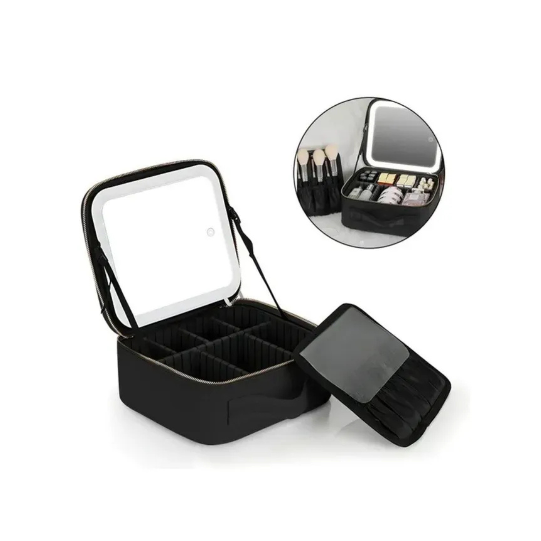 Organizador Neceser Glam con Divisiones + Espejo LED Recargable NEGRO Y ROSA