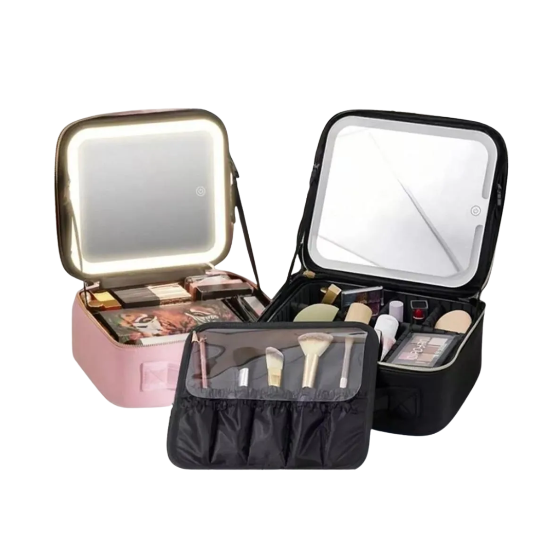 Organizador Neceser Glam con Divisiones + Espejo LED Recargable NEGRO Y ROSA