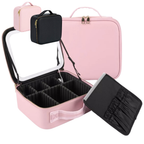 Organizador Neceser Glam con Divisiones + Espejo LED Recargable NEGRO Y ROSA