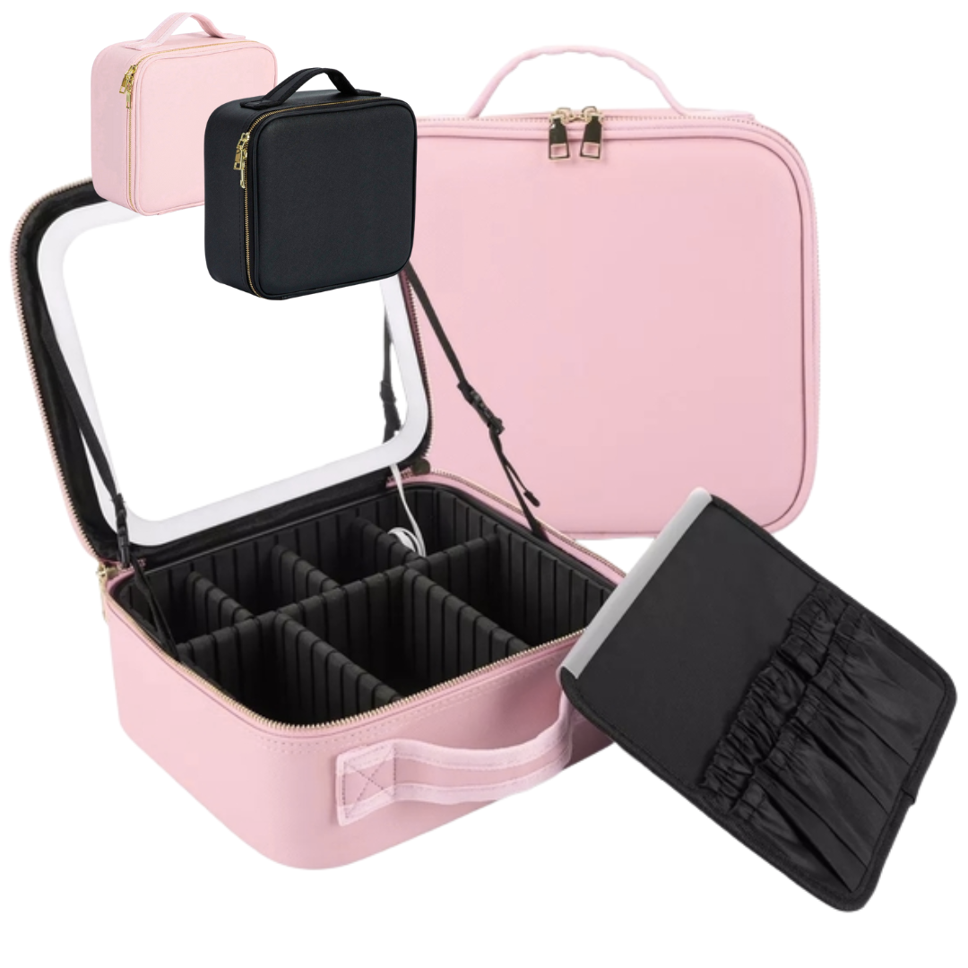 Organizador Neceser Glam con Divisiones + Espejo LED Recargable NEGRO Y ROSA