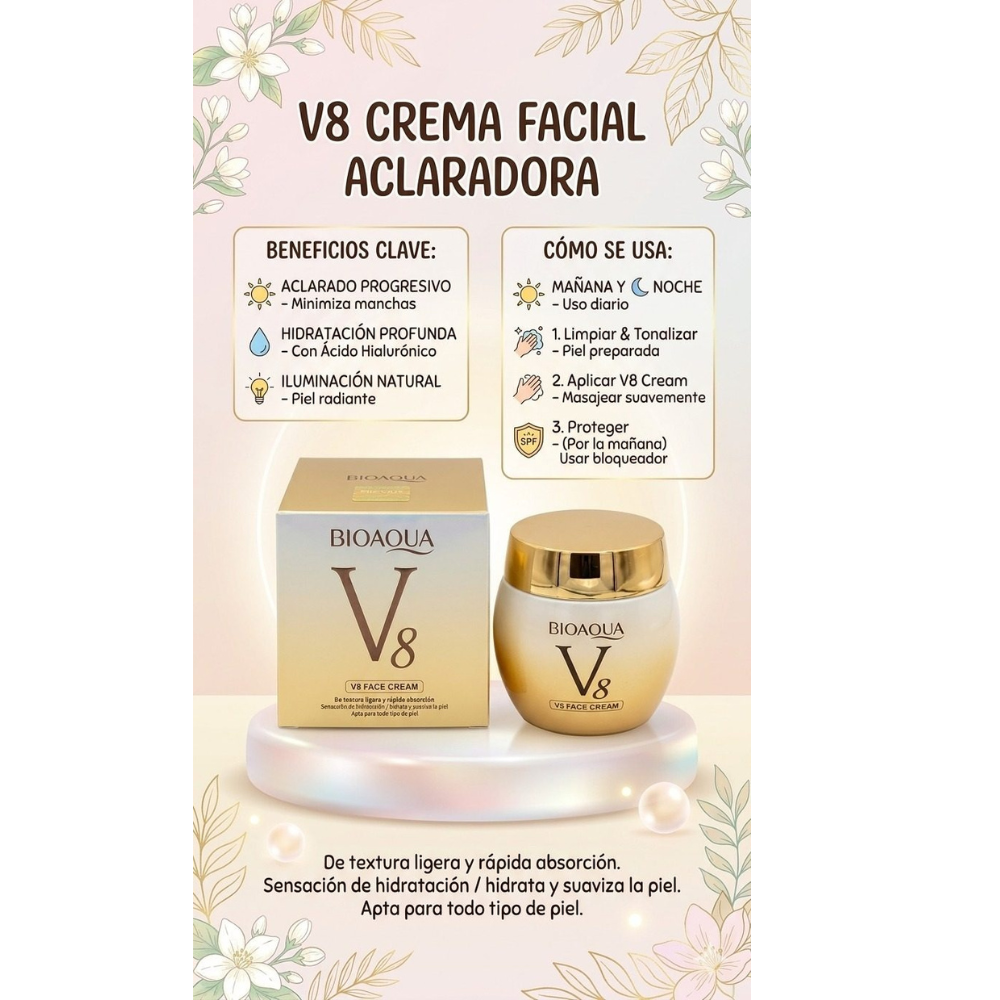 Crema Facial Hidratante Efecto Aclarante con Ácido Hialurónico V8