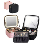 Organizador Neceser Glam con Divisiones + Espejo LED Recargable NEGRO Y ROSA