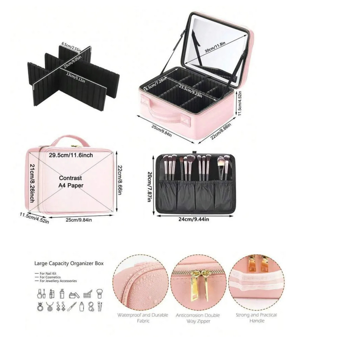 Organizador Neceser Glam con Divisiones + Espejo LED Recargable NEGRO Y ROSA