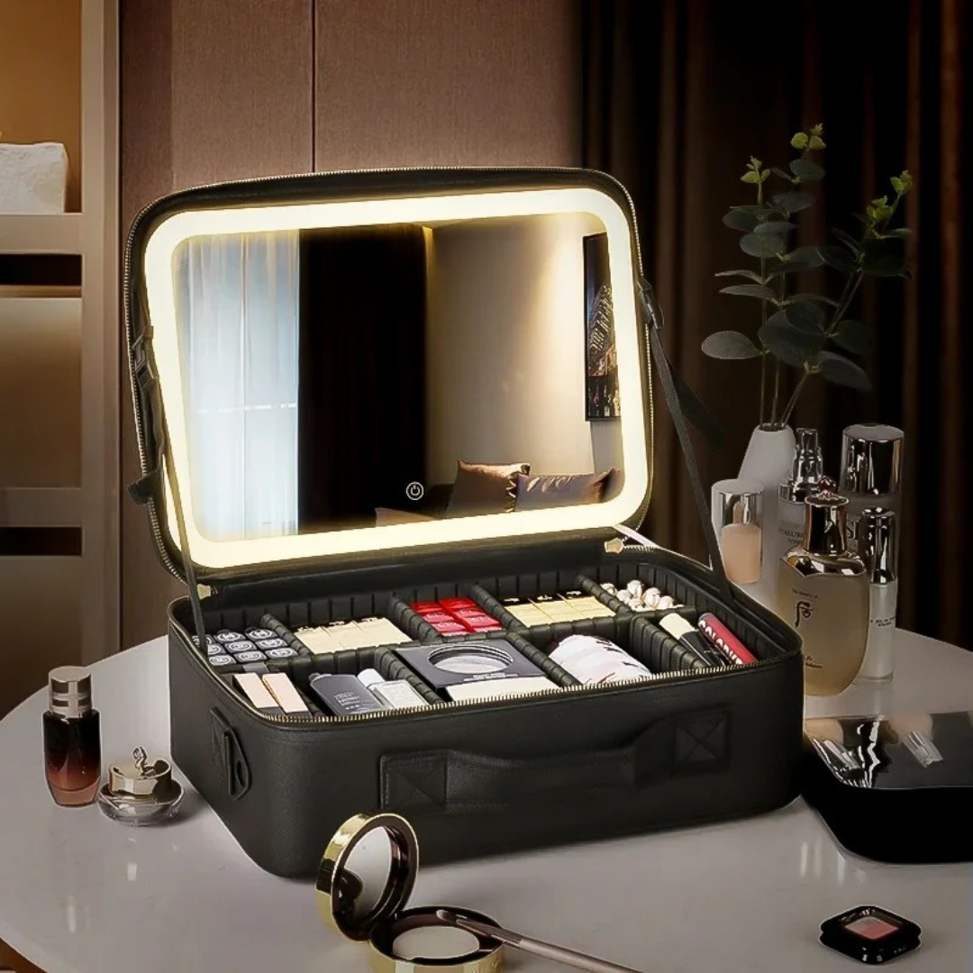 Organizador Neceser Glam con Divisiones + Espejo LED Recargable NEGRO Y ROSA
