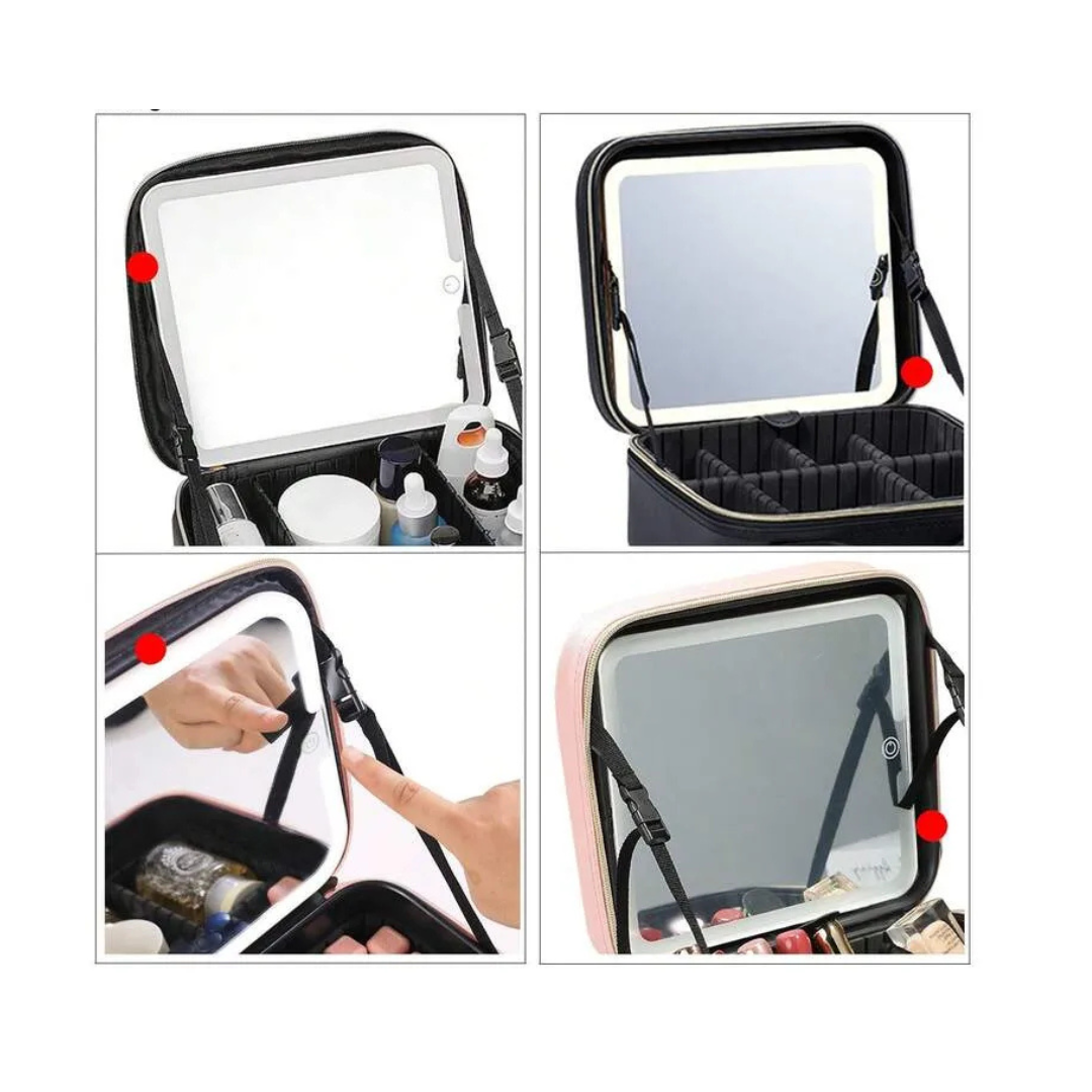 Organizador Neceser Glam con Divisiones + Espejo LED Recargable NEGRO Y ROSA