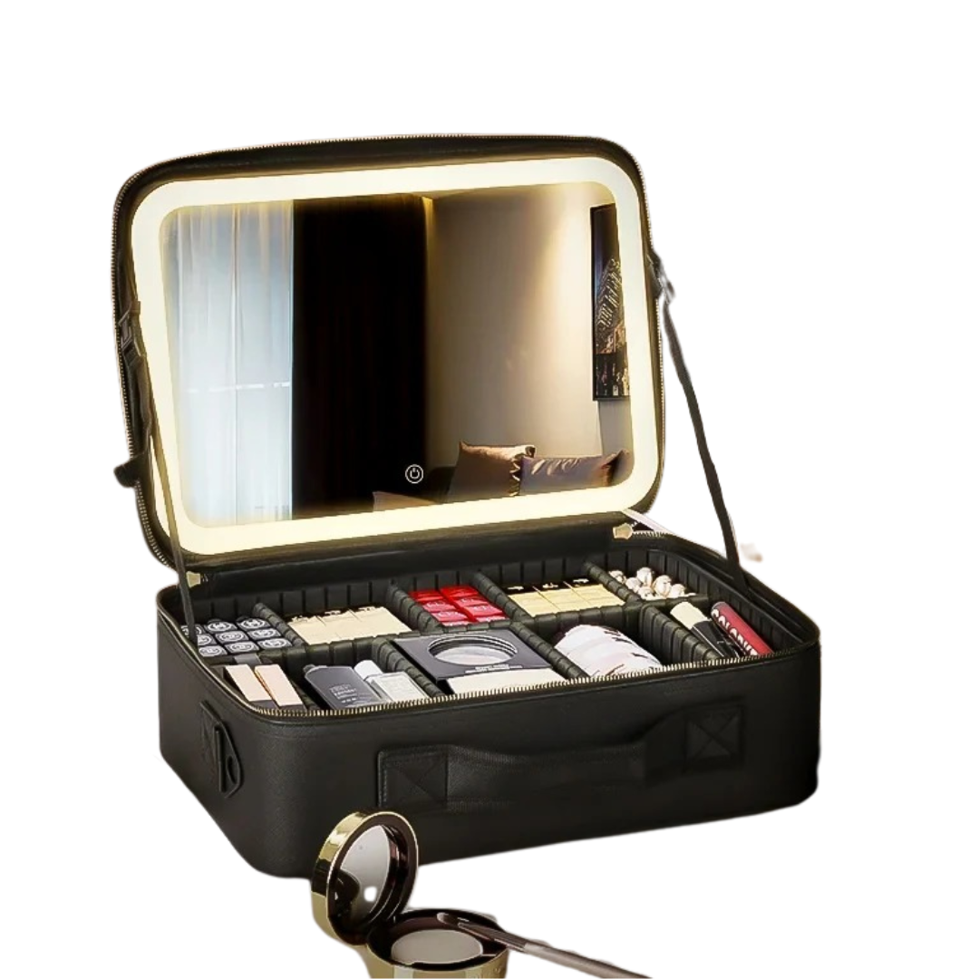 Organizador Neceser Glam con Divisiones + Espejo LED Recargable NEGRO Y ROSA